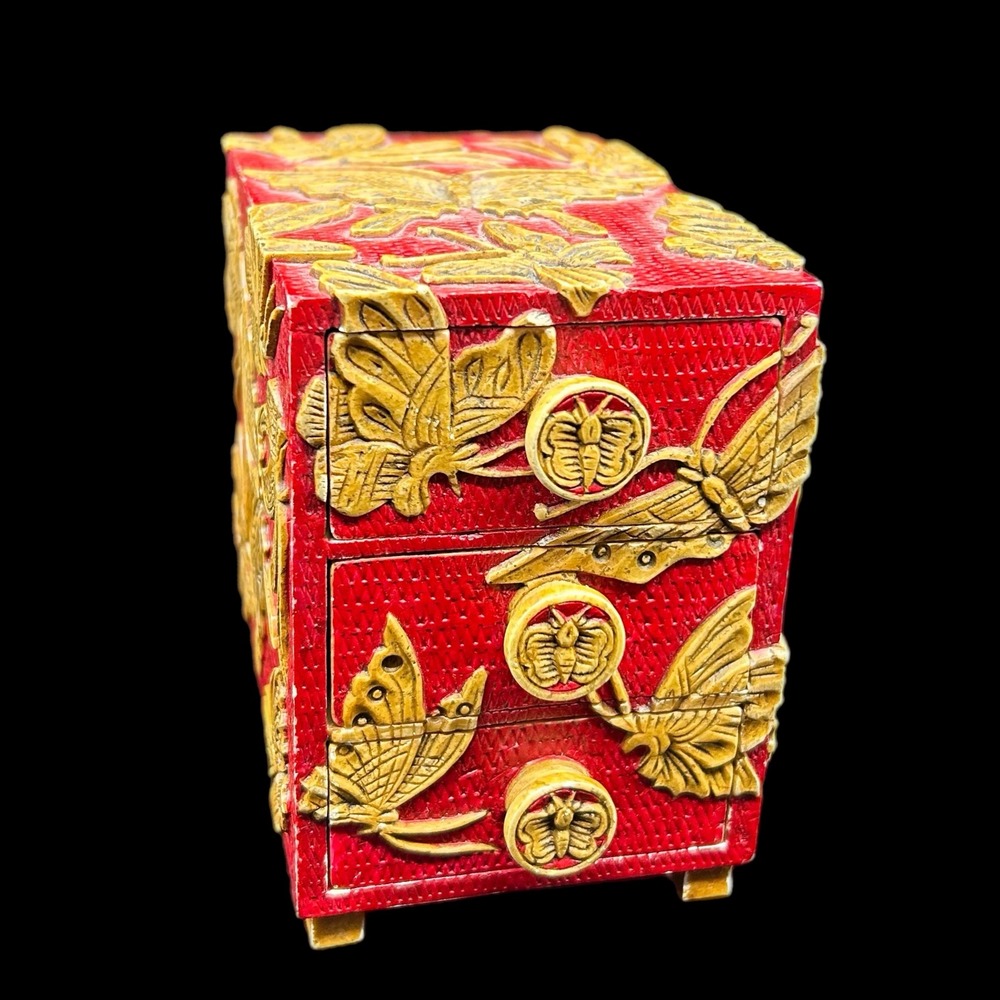 Carved Soapstone Vietnam Handmade Red Carved Butterfly Jewelry Drawer Box